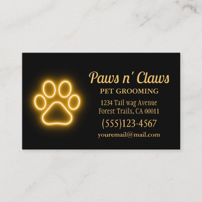 Tarjeta De Visita Neon Light Dog Paw Mascota Grooming (Anverso)