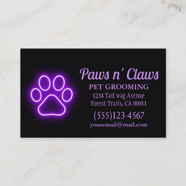 Tarjeta De Visita Neon Light Dog Paw Mascota Grooming (Anverso)