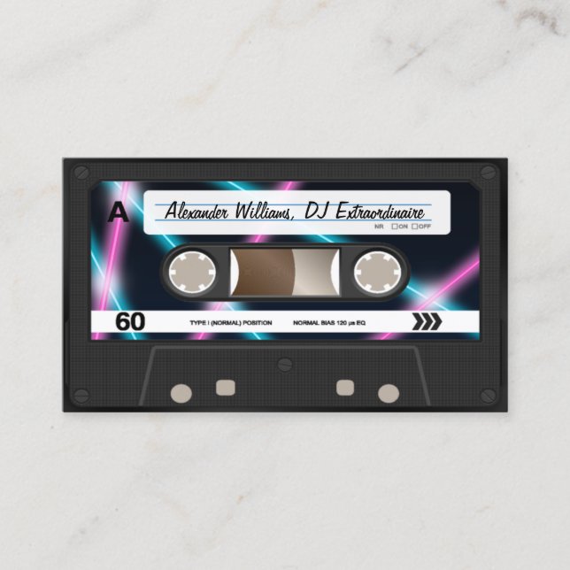 Tarjeta De Visita Neon Lights Cassette Tape DJ Music Fiesta 80 (Anverso)