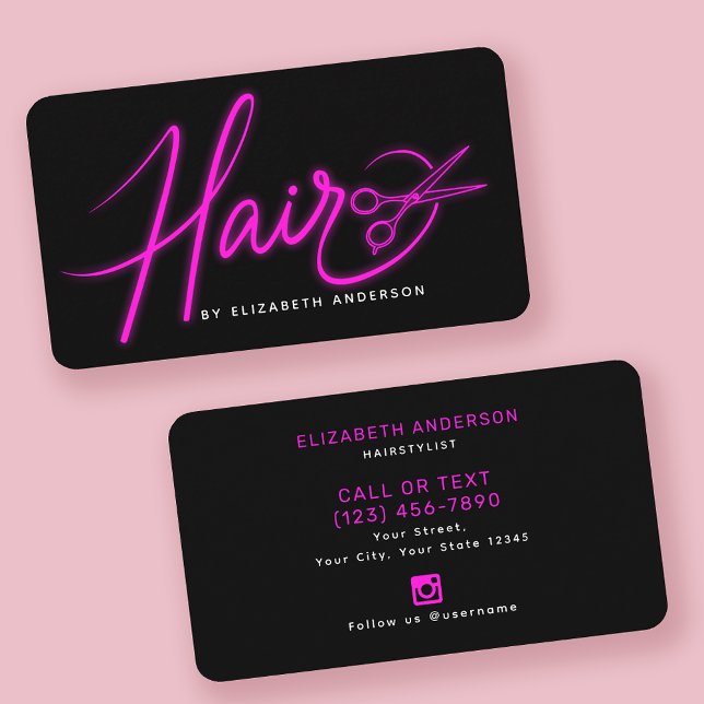 Tarjeta De Visita Neon Pink and Black Retro Script Hairstylist (Subido por el creador)