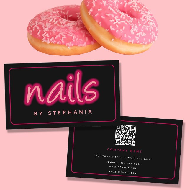 Tarjeta De Visita Neon Pink Black Nail Salon Technician QR Code (Subido por el creador)