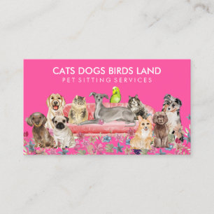 Tarjeta De Visita Neon Pink Dog Cat Bird Hotel Sofa Mascota Sitting