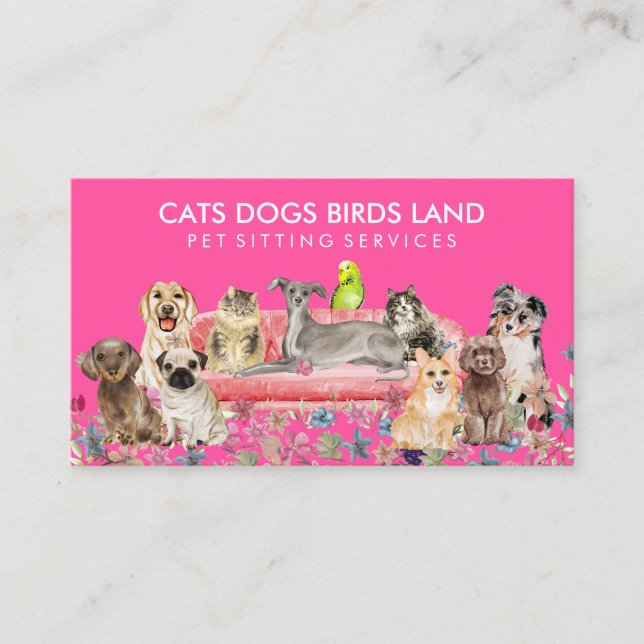 Tarjeta De Visita Neon Pink Dog Cat Bird Hotel Sofa Mascota Sitting (Anverso)