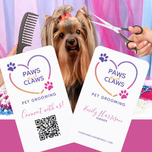 Tarjeta De Visita Neon Pink Mascota Púrpura Grooming QR Code