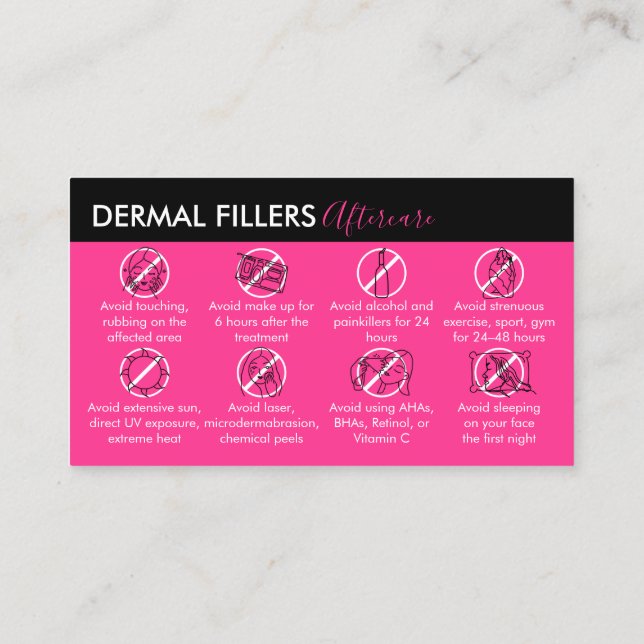 Tarjeta De Visita Neon Pink Modern Dermal Fillers Aftercare (Reverso)