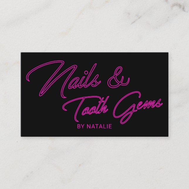 Tarjeta De Visita Neon Pink Typography Salon Nails & Tooth Gems (Anverso)