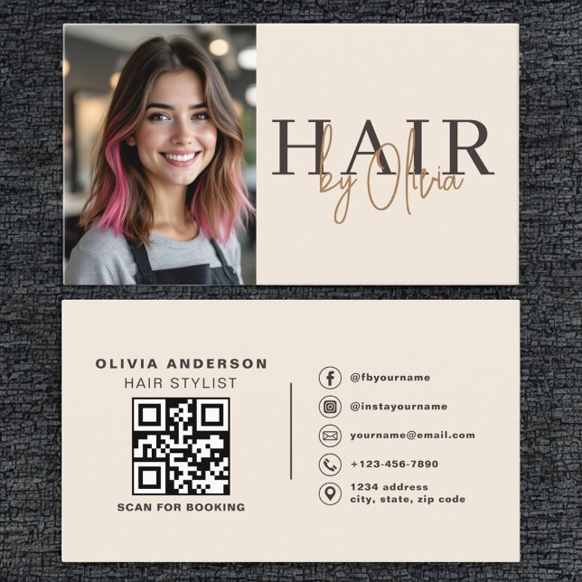 Tarjeta De Visita Neutral Beige Hair Stylist Photo QR Code  (Subido por el creador)