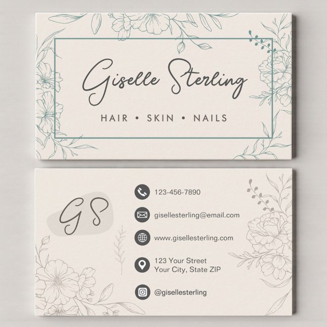 Tarjeta De Visita Neutral Ivory Floral Line Art Elegant Script (Subido por el creador)