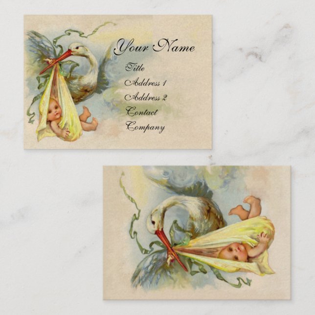 Tarjeta De Visita NEUTRAL YELLOW STORK BABY SHOWER Pearl paper (Anverso / Reverso)