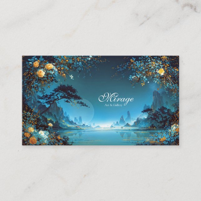 Tarjeta De Visita Night Landscape Gold Rose Floral Teal Lake Frame (Anverso)