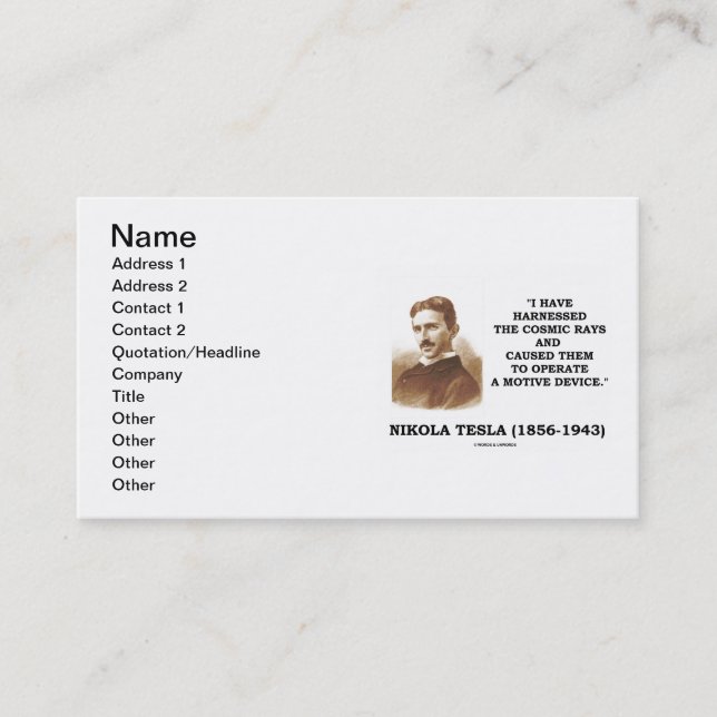 Tarjeta De Visita Nikola Tesla I ha aprovechado los rayos cósmicos (Anverso)