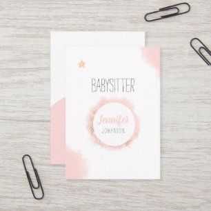 Tarjeta De Visita Niñera Minimalista Acuarela Rosa Blanco