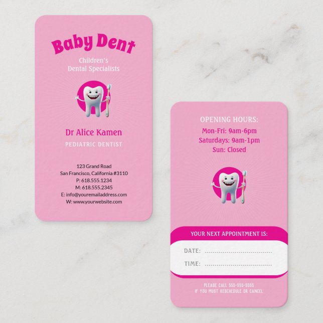 Tarjeta De Visita Niños felices y rosa dental | Dentista pediátrico (Anverso / Reverso)