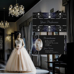 Tarjeta De Visita Noble Black Blue Ornate Borders Diamonds Add Photo