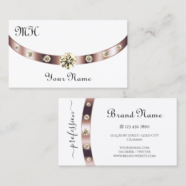 Tarjeta De Visita Noble blanco y oro Rosa con Monograma lujoso (Anverso / Reverso)