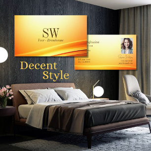 Tarjeta De Visita Noble Brillante Naranja Curva Decor Monograma Foto