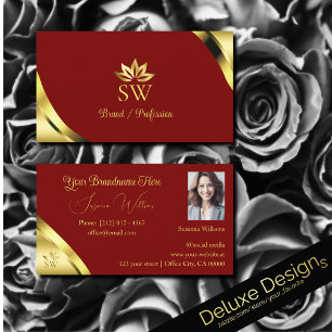 Tarjeta De Visita Noble Gold Corners en Rojo con Foto de Monograma