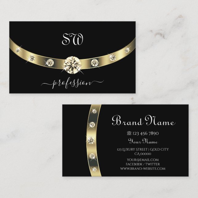 Tarjeta De Visita Noble negro y oro con Monograma Profesional (Anverso / Reverso)