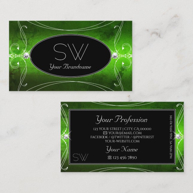 Tarjeta De Visita Noble ornate Black Green Sparkle Diamonds Iniciale (Anverso / Reverso)