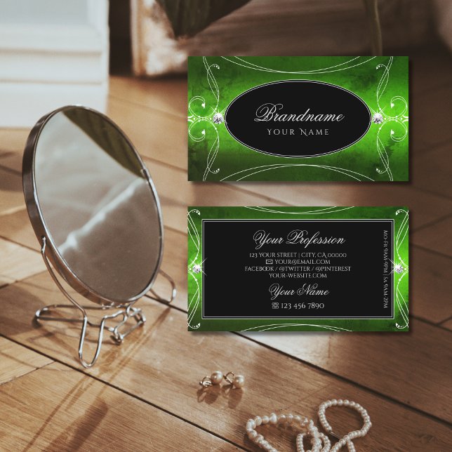 Tarjeta De Visita Noble Ornate Verde Negro Esparkle Diamonds Lujo (Subido por el creador)