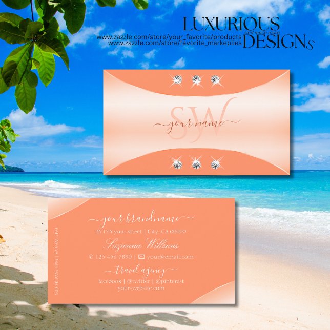 Tarjeta De Visita Noble Peach with Sparkling Diamonds and Monogram (Subido por el creador)