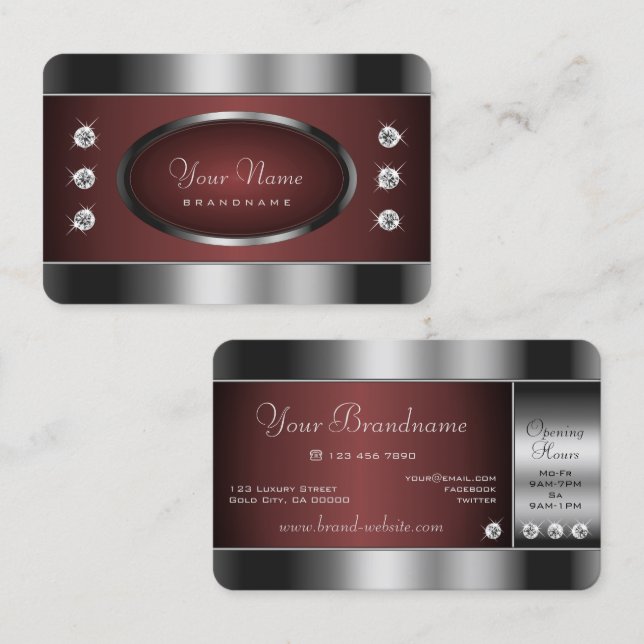 Tarjeta De Visita Noble plata y borgoña con diamantes espumosos (Anverso / Reverso)