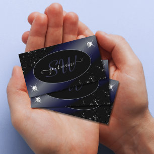 Tarjeta De Visita Noble Purpurina Azul Negro Estrellas Iniciales de 