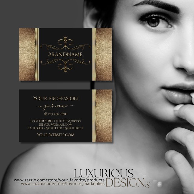 Tarjeta De Visita Noble Purpurina de Oro Negro Elegante Ornate Ornam (Subido por el creador)