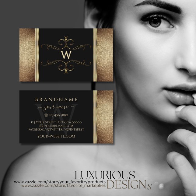 Tarjeta De Visita Noble Purpurina de Oro Negro Ornamental con Monogr (Subido por el creador)