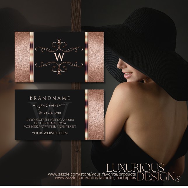 Tarjeta De Visita Noble Rosa Negro Purpurina Oro Monograma Ornamenta (Subido por el creador)