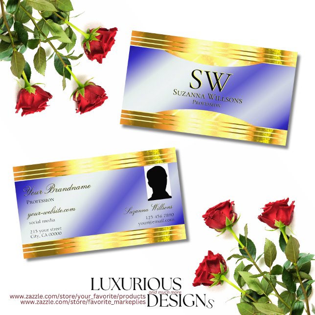 Tarjeta De Visita Noble Royal Blue Shiny Gold Borders Monograma Foto (Subido por el creador)