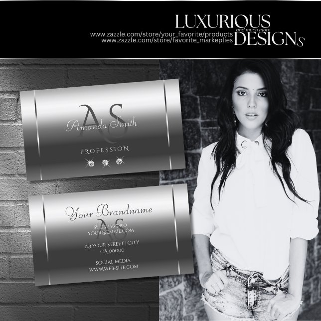 Tarjeta De Visita Noble Shimmery Silver Sparkle Diamonds Iniciales (Subido por el creador)