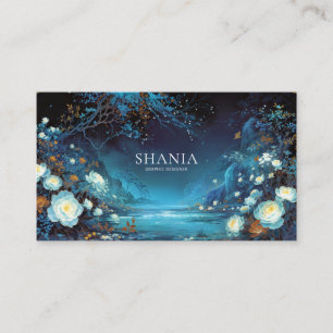 Tarjeta De Visita Noche Encantada Floral Rosa Blanca y Lago Teal