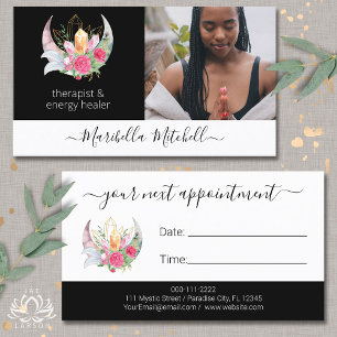 Tarjeta De Visita Nombramiento de Boho Moon Crystals Feathers Flores