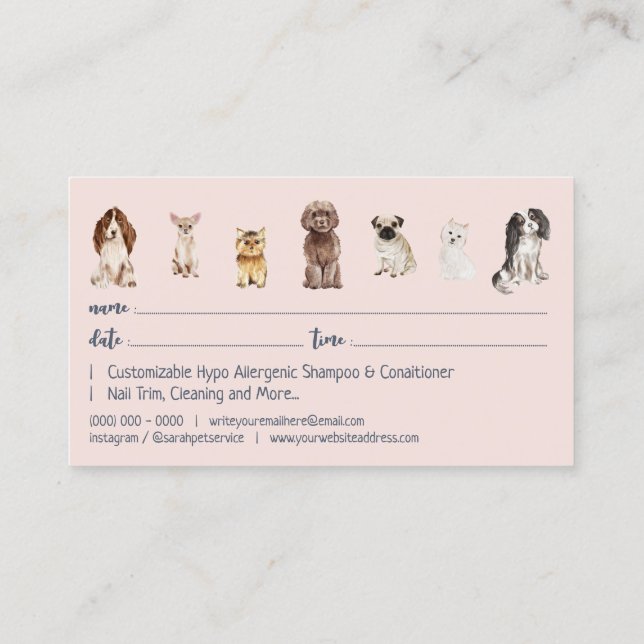 Tarjeta De Visita Nombramiento de Navy Pink Cute Dog Grooming (Reverso)