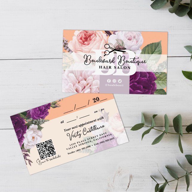 Tarjeta De Visita Nombramiento estilo Peach Floral Hair de bonito QR (Subido por el creador)