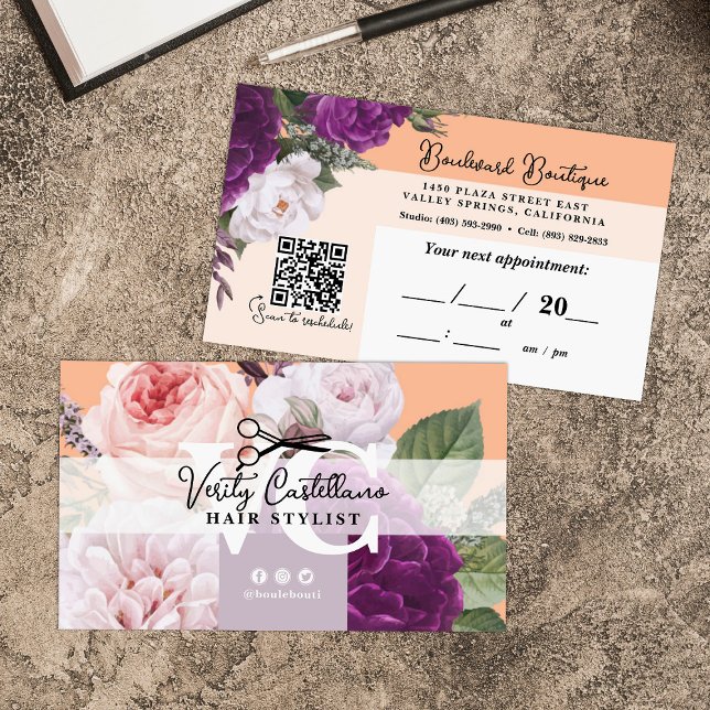 Tarjeta De Visita Nombramiento estilo Peach Floral Hair de bonito QR (Subido por el creador)