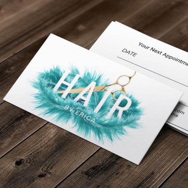 Tarjeta De Visita Nombramiento Moderno Verde azulado Feather Gold Sc (Subido por el creador)