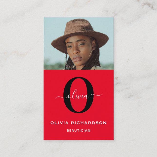 Tarjeta De Visita Nombre de guión de monograma rojo blanco rojo (Anverso)