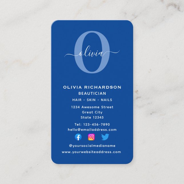 Tarjeta De Visita Nombre de guión de monograma vertical Girona azul  (Anverso)