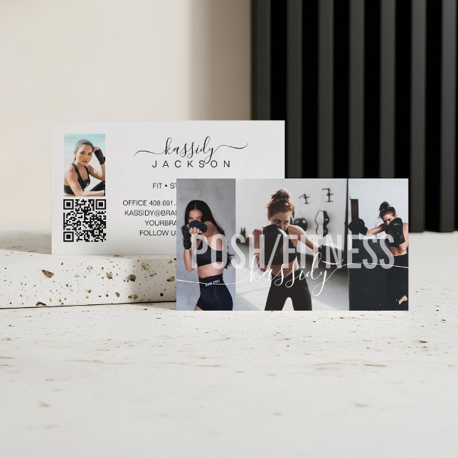 Tarjeta De Visita Nombre de guión del Collage de fotos del entrenado (Bold Fitness Trainer Photo Collage Script Name QR Business Card)