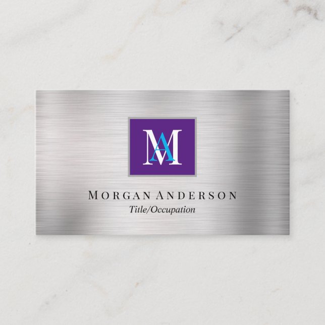 Tarjeta De Visita Nombre de monograma blanco/azul DIY, púrpura real  (Anverso)