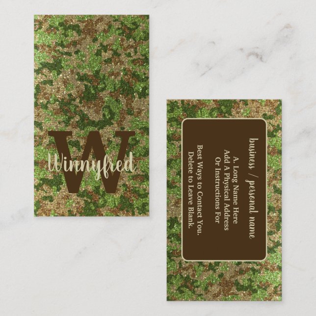 Tarjeta De Visita Nombre de monograma de camuflaje verde silencioso  (Anverso / Reverso)