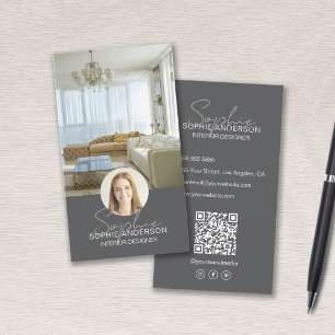 Tarjeta De Visita Nombre de Script de QR de Foto de Diseñador de Int