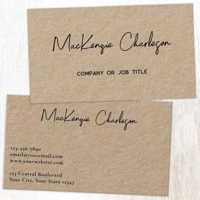 Tarjeta De Visita Nombre de Script Simple Moderno Kraft Profesional (Simple modern minimalist script professional business card design on Kraft card)