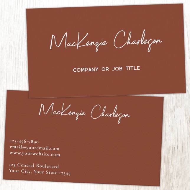 Tarjeta De Visita Nombre de Script Simple Terracota Moderna (Simple modern minimalist script professional business card design terracotta brown)