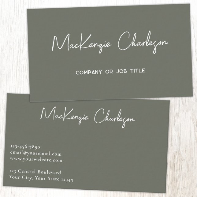 Tarjeta De Visita Nombre de Script Simple Verde Sabio Moderno (Simple modern minimalist script professional business card design sage green)