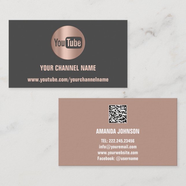 TARJETA DE VISITA NOMBRE DEL CANAL YOUTUBER LOGO QR CÓDIGO GRIS (Anverso / Reverso)