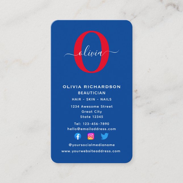 Tarjeta De Visita Nombre del guión del monograma vertical rojo azul (Anverso)