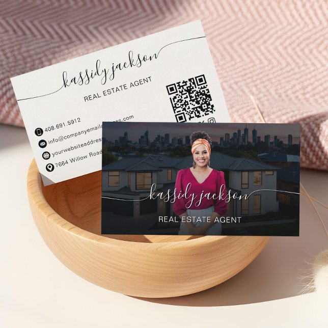 Tarjeta De Visita Nombre del guión Foto del agente inmobiliario prof (Script Name Professional Real Estate Agent Photo Business Card)